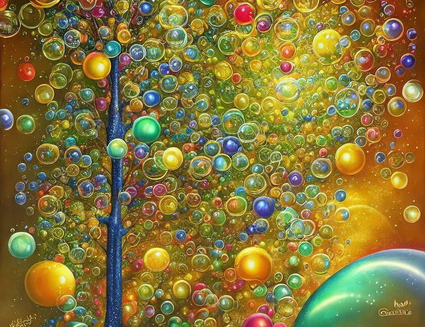 Colorful fantasy tree with bubbles on golden background