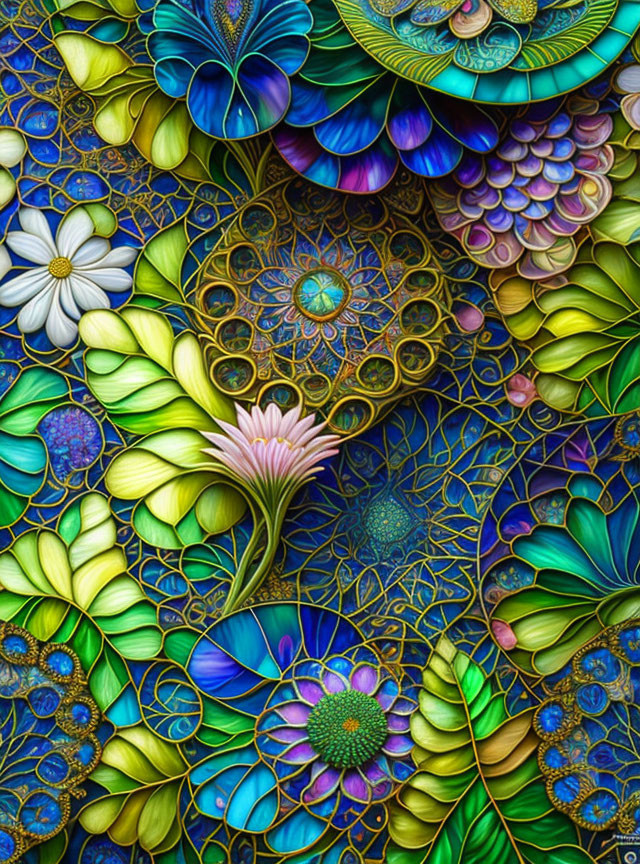 Colorful Flowers and Peacock Feathers Artwork with Nature's Beauty