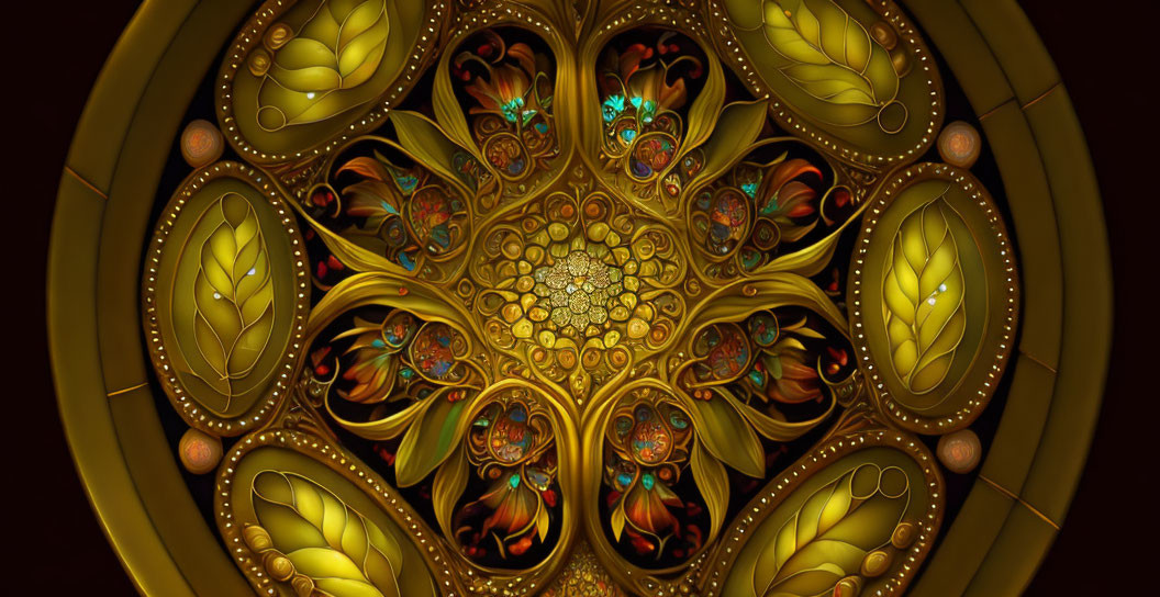 Intricate Golden Mandala with Leaf Patterns on Dark Background