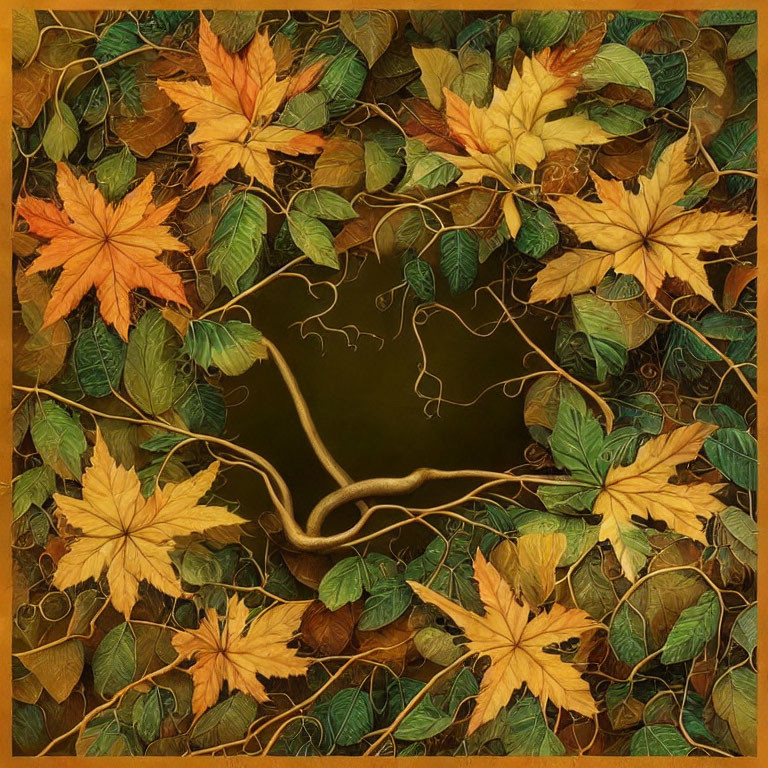 Autumn leaves painting with yellow, orange, and green shades and twining vines