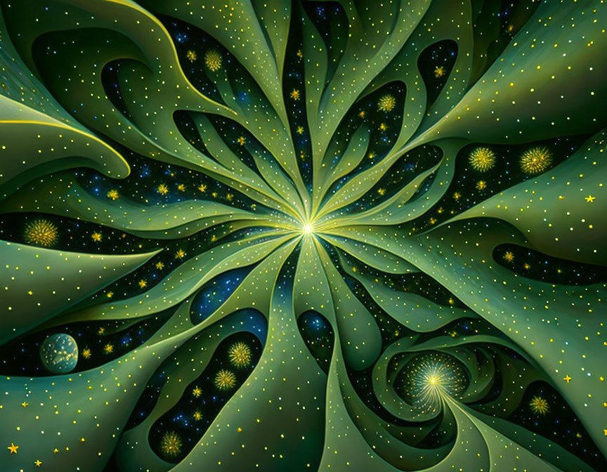 Fractal image: Swirling green patterns, stars, spheres from bright light points on dark background