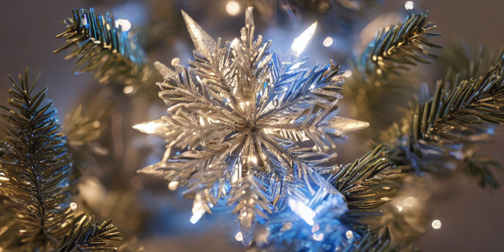 Shimmering silver snowflake ornament on Christmas tree branches