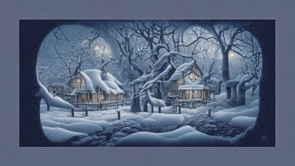 Snow-covered traditional houses and moonlit night in serene winter scene