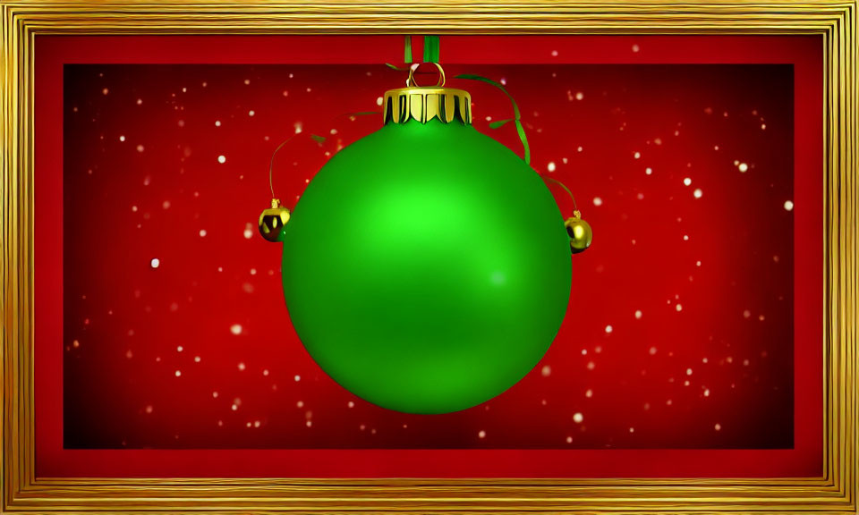 Shiny green Christmas ornament in golden frame on red background