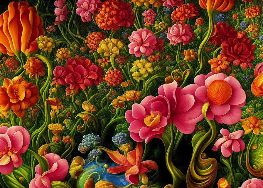 Detailed painting of vibrant garden with red, orange, pink flowers