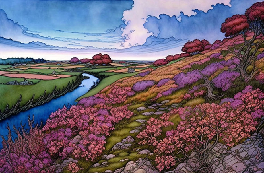 Colorful Stylized Landscape with Blooming Flora, River, Fields, and Sky