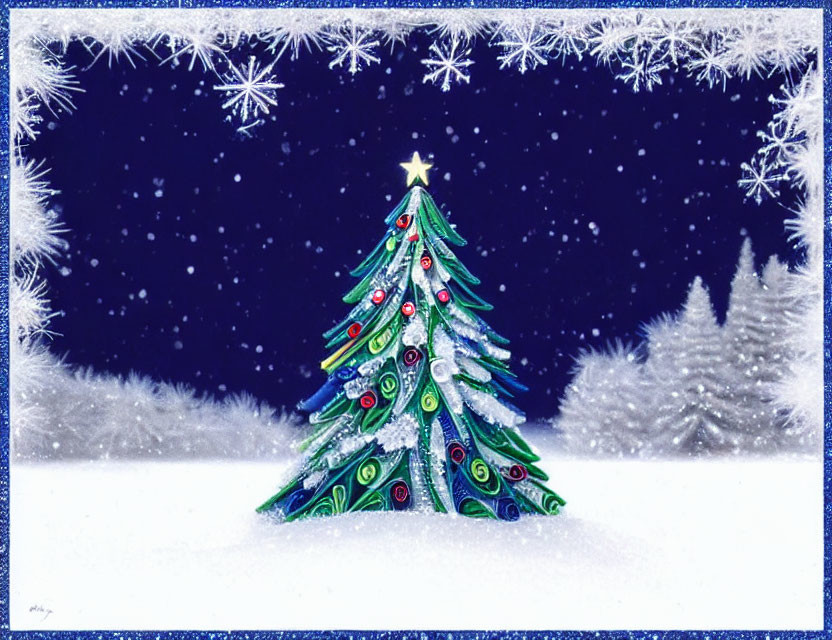 Stylized Christmas tree with star, snowflakes, and night sky