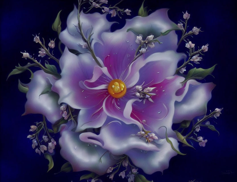 Surreal painting of large pink and white flower on dark blue background