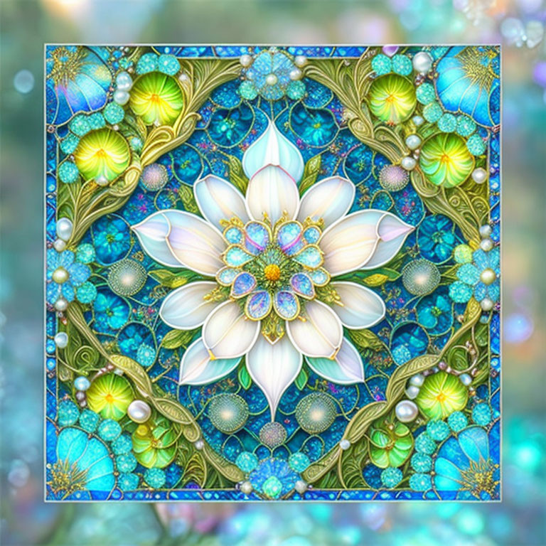 Colorful Mandala with White Lotus and Gold Turquoise Patterns