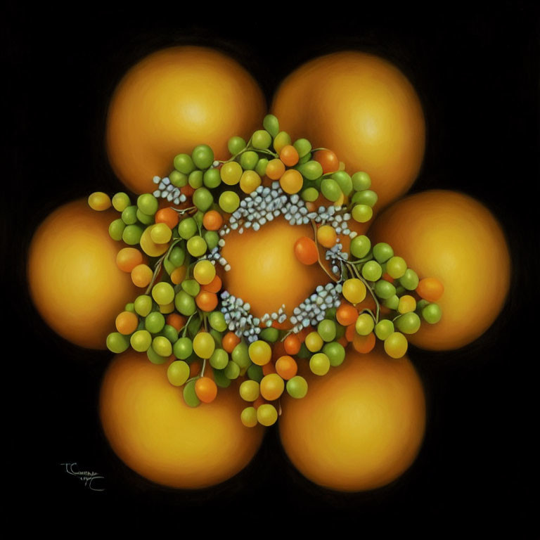 Mandala painting with oranges and spheres on black background