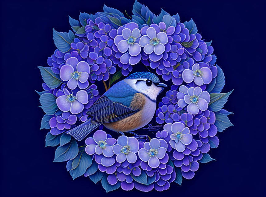 Blue Tit Surrounded by Blue and Purple Flowers on Dark Background
