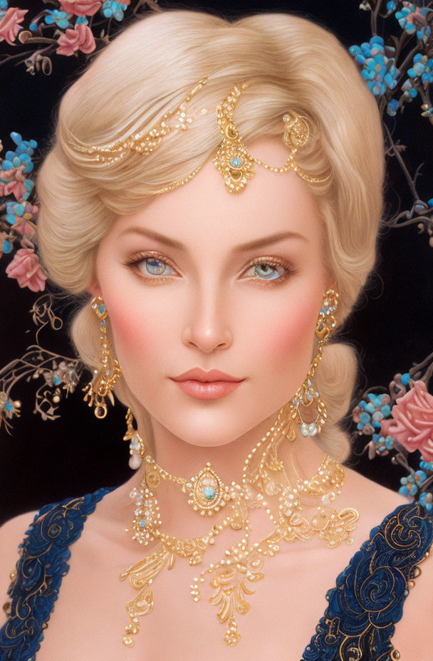 Elaborate gold jewelry on woman in blue attire with floral background