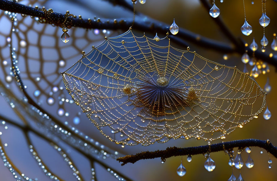 Golden Spider Web with Bejeweled Dew Drops