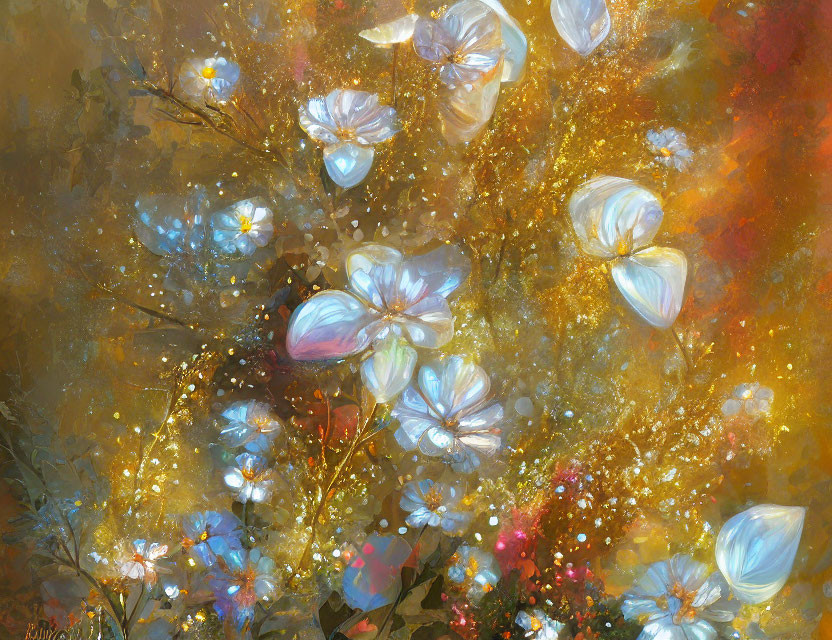 Ethereal painting of white flowers in golden and amber hues