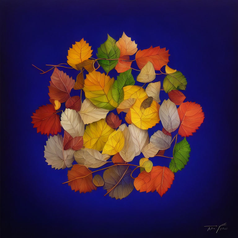 Colorful Autumn Leaves Arrangement on Blue Background