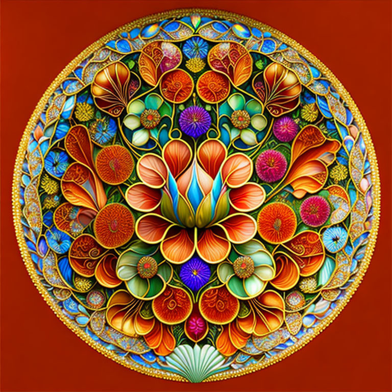 Colorful Symmetrical Floral Mandala Design in Orange, Blue, and Green on Red