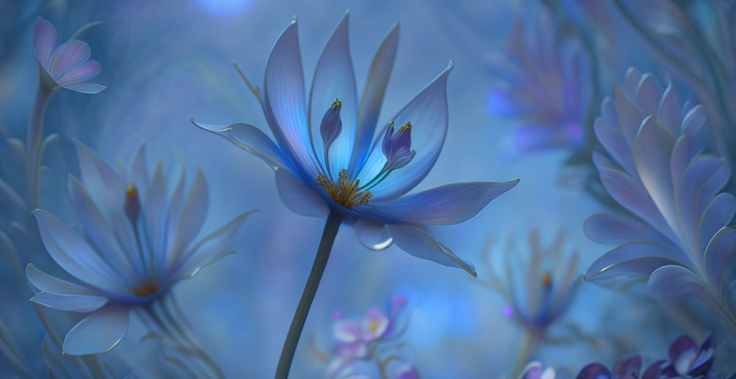 Serene blue flower with delicate petals in dreamlike setting