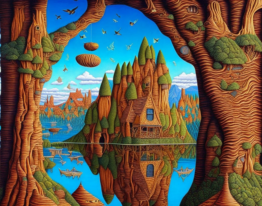 Fantasy landscape with tree trunk arches, wooden houses, flying ships, and birds under blue sky