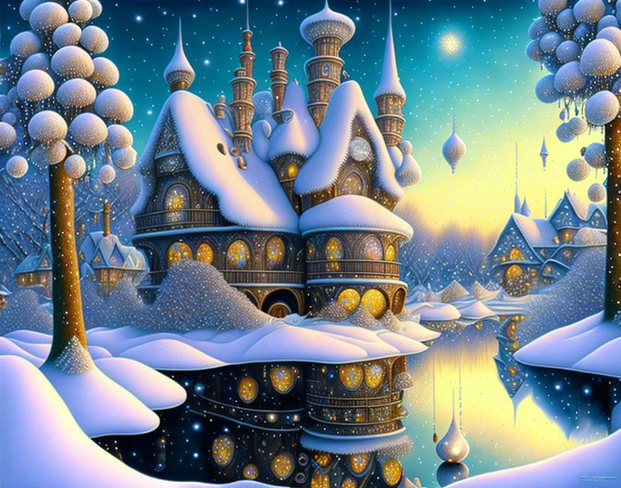 Snow-covered castle in whimsical winter scene