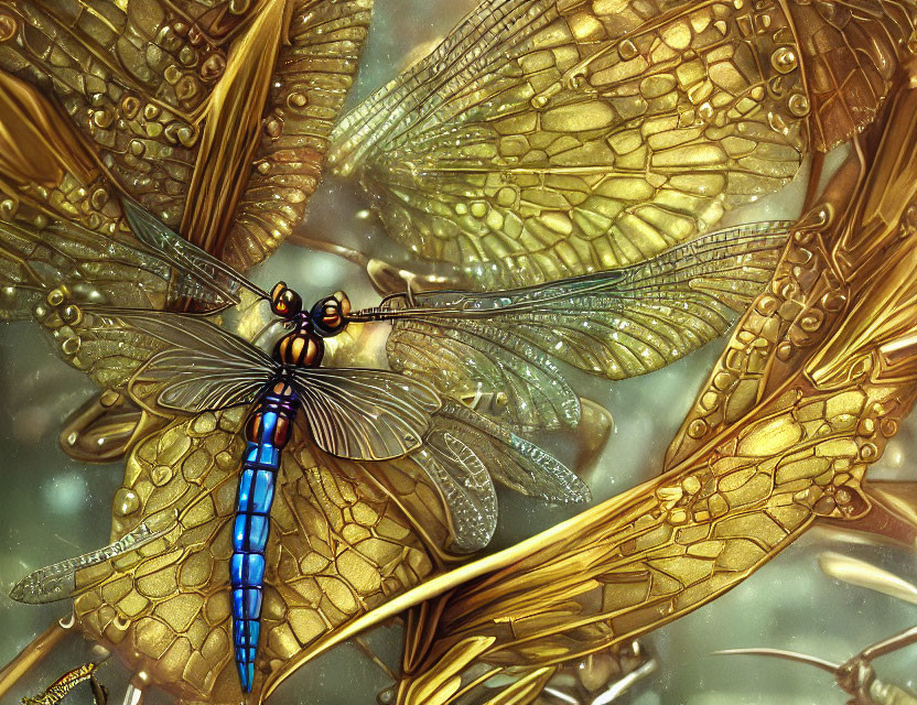 Colorful Dragonfly with Blue Body on Golden Wings and Patterned Background