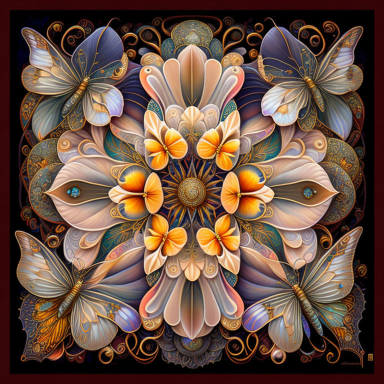 Symmetrical Butterfly and Floral Mandala Artwork in Warm Hues