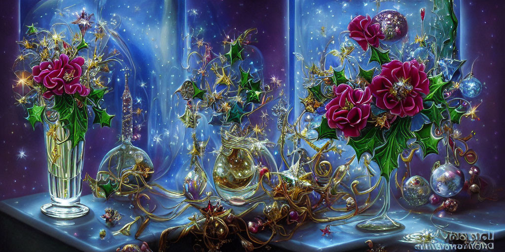 Vibrant pink flowers, golden stems, fairies, and celestial backgrounds in fantastical still life