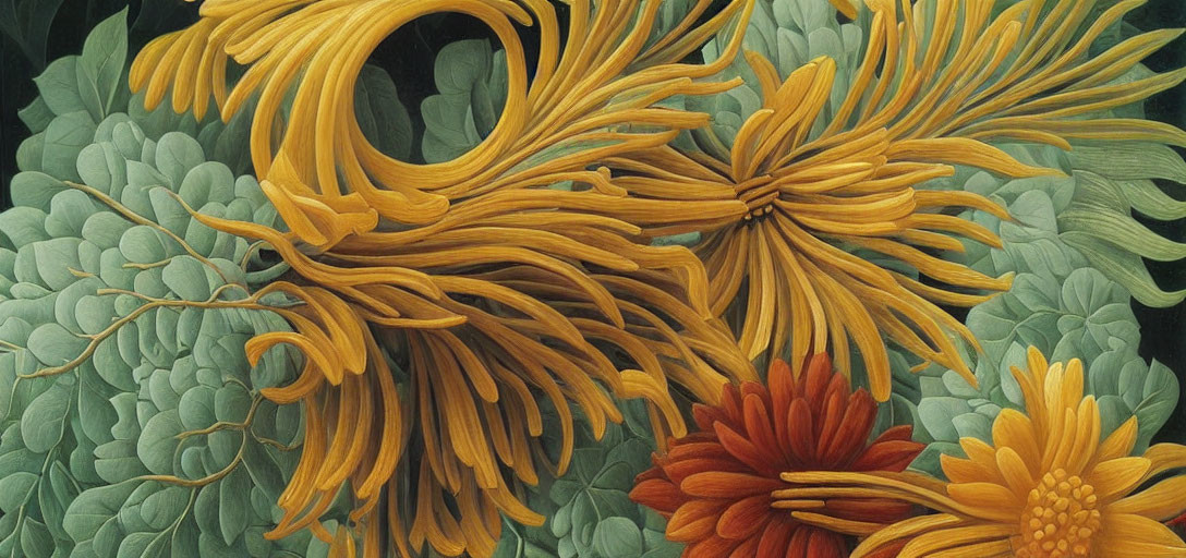 Detailed painting of flowers with lush greenery and flowing yellow petals