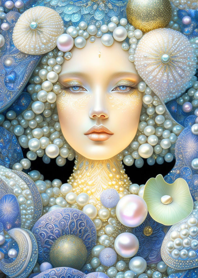 Woman's face with pearls, shells, and bead patterns evokes underwater theme