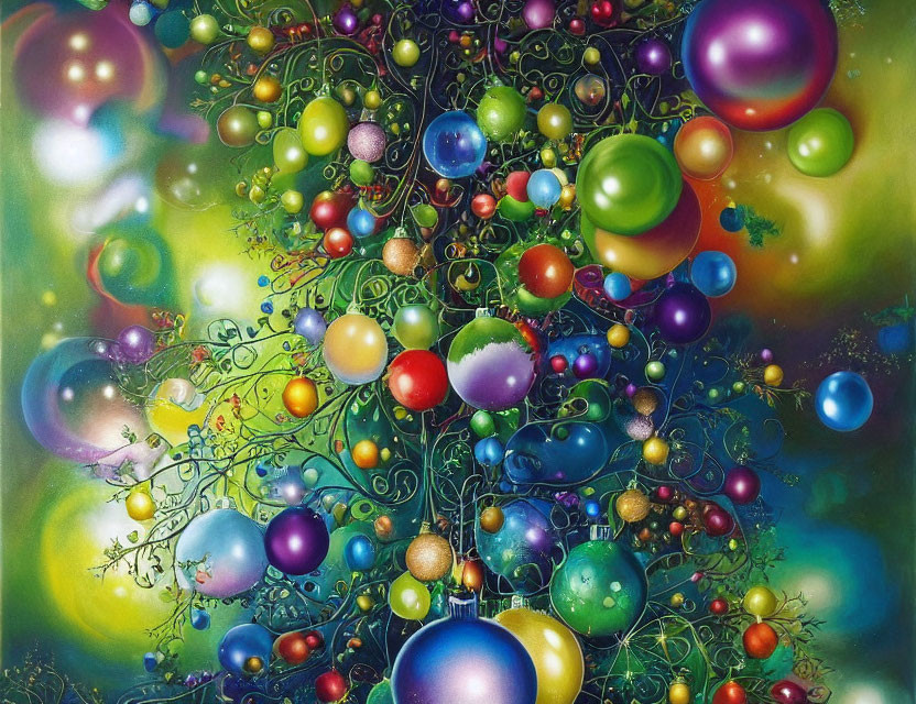 Colorful Glossy Spheres and Filigree Structures on Starry Background