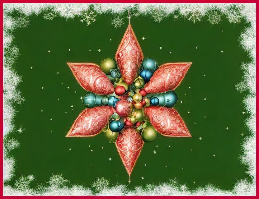 Symmetrical Christmas-themed digital art with red and green ornaments on a green backdrop