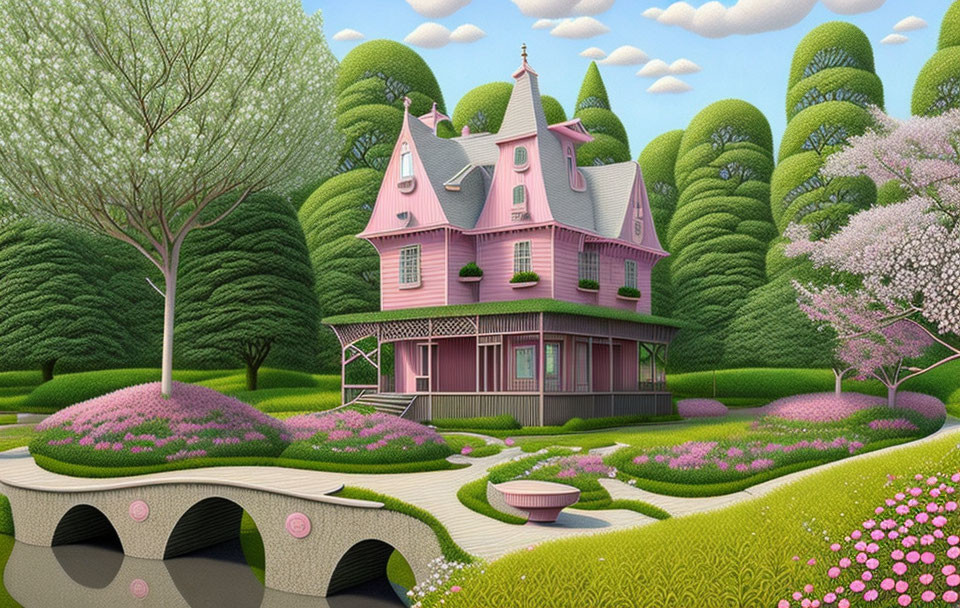 Pink Victorian-style house with manicured gardens, topiary trees, stone bridge, and blooming