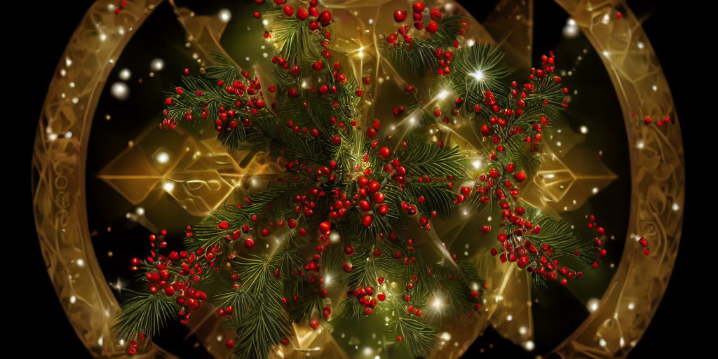 Christmas wreath with red berries, pine branches, and lights on dark background