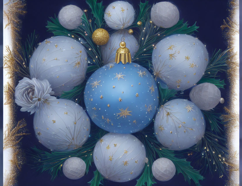 Christmas wreath with blue, gold, and white ornaments on dark background