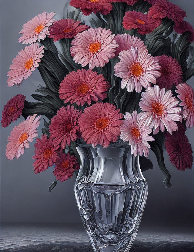 Pink Gerbera Daisies Bouquet in Clear Glass Vase on Grey Background