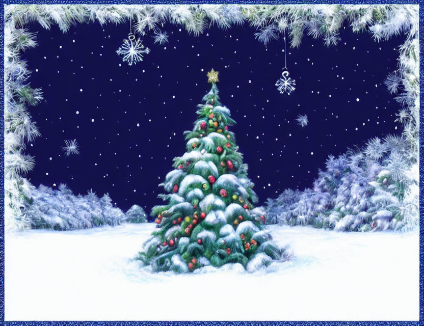 Christmas tree illustration in snowy night scene