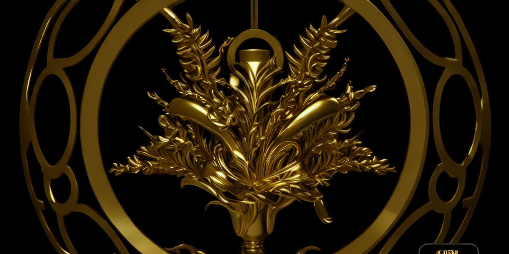 Intricate Golden Emblem with Leaf Designs on Black Background