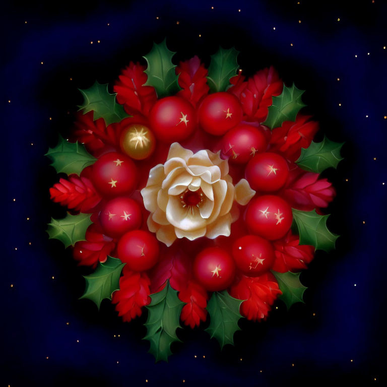 Festive wreath with holly berries, rose, stars on dark blue.