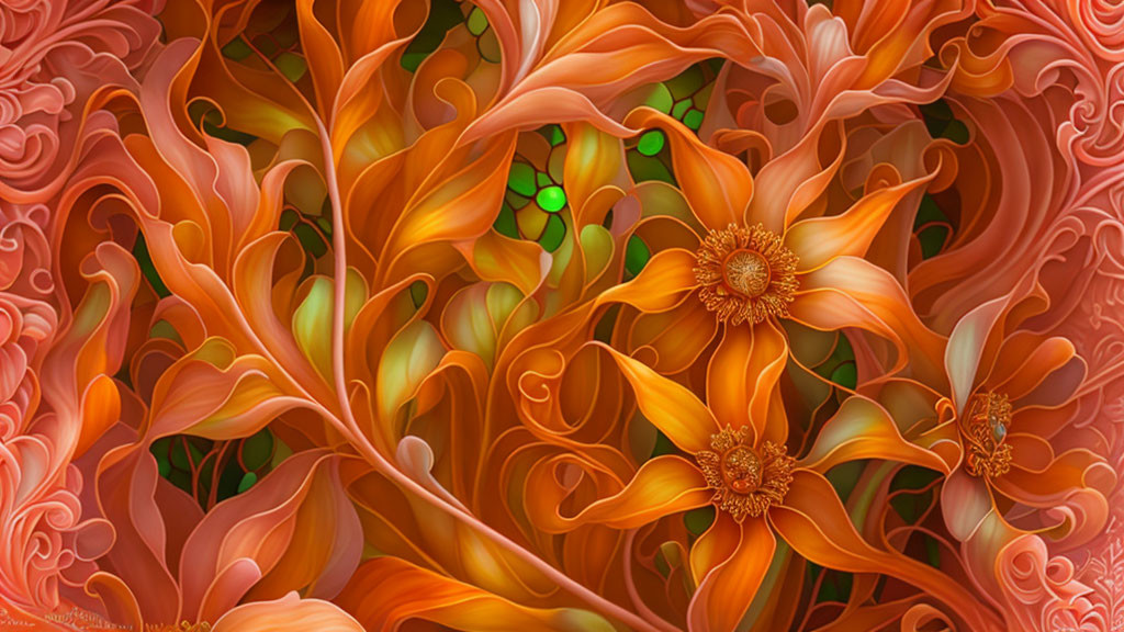 Detailed digital artwork: Orange and red leaf patterns with golden flowers.