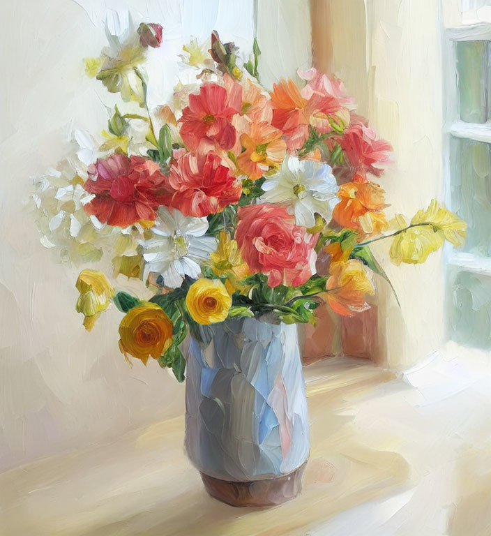 Colorful Flower Bouquet Painting with Window Light Brushstrokes