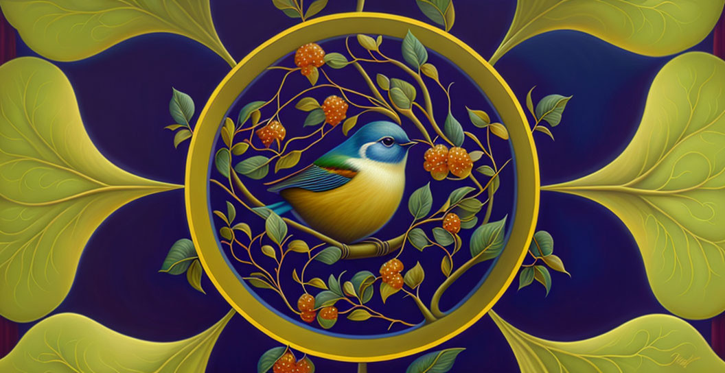 Colorful Bird Perched on Branch with Berries in Golden Ring on Blue Background