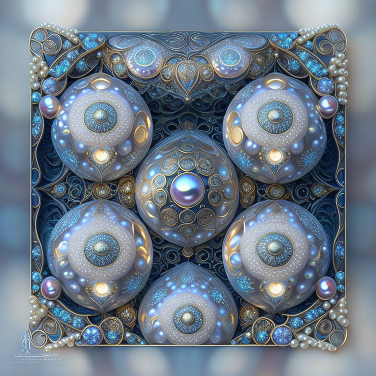Symmetrical fractal image with intricate blue, silver, and gold orbs