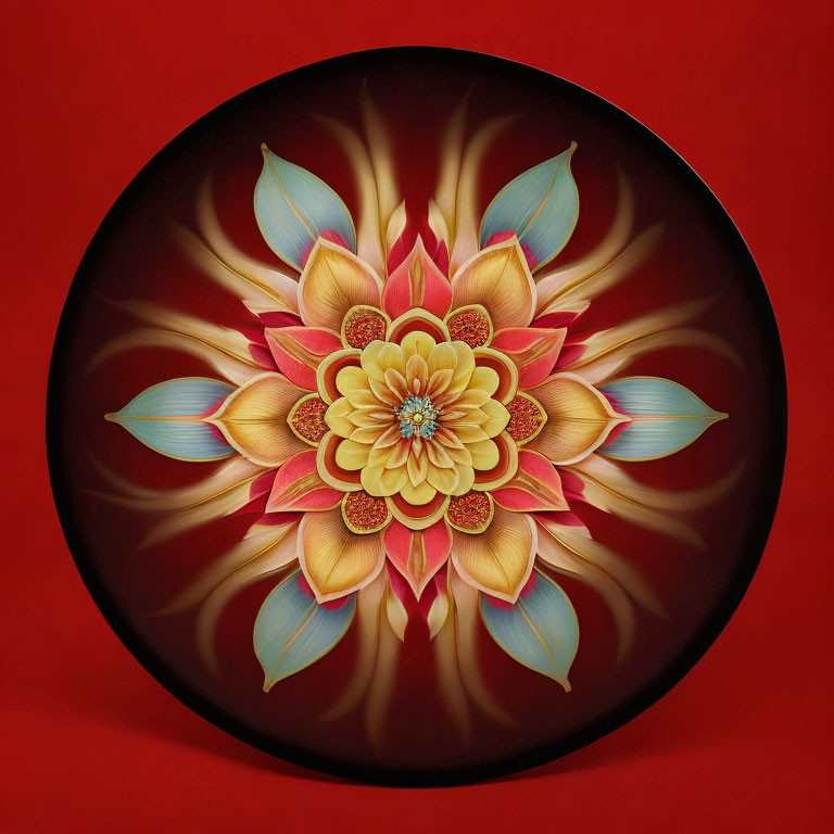 Symmetrical floral digital art with red, yellow, and blue petals on red background