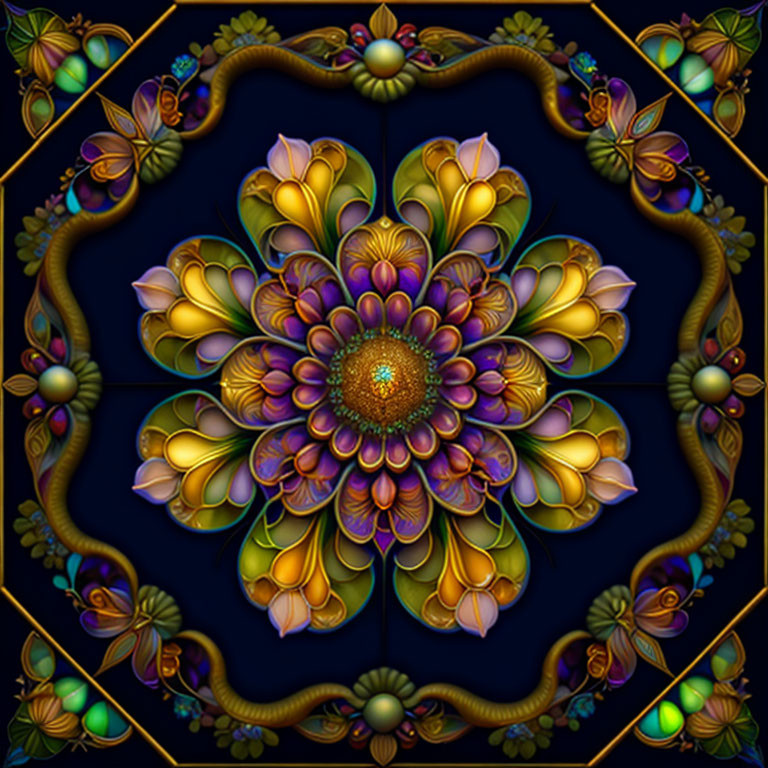 Intricate Digital Mandala with Jewel Tones and Floral Patterns