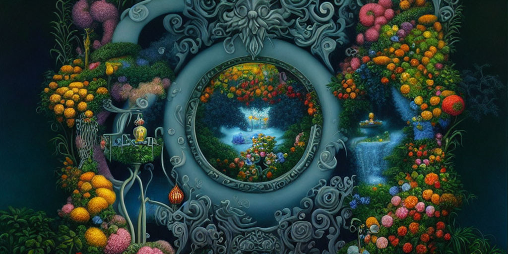 Colorful surreal artwork of lush forest in ornate oval frame