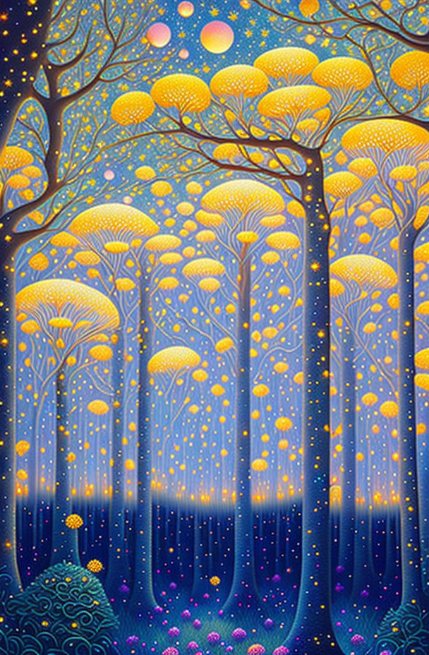 Whimsical painting: Tall, slender trees with yellow canopy tops under a starry night sky