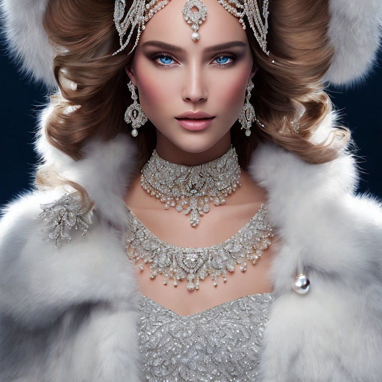 Luxuriously adorned woman in fur coat with intricate jewelry on blue background