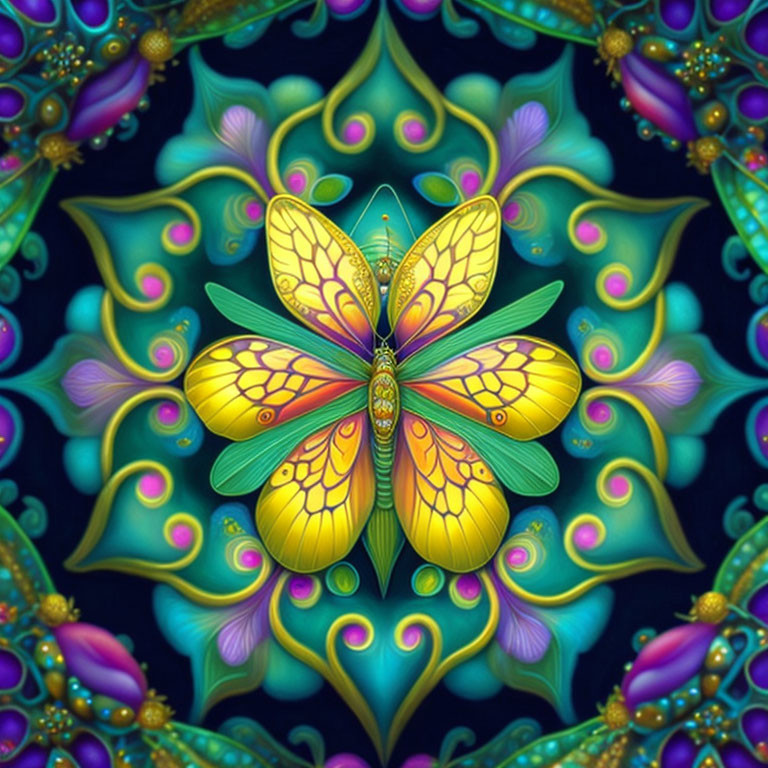 Symmetrical butterfly digital artwork with vibrant yellow, green, and purple hues