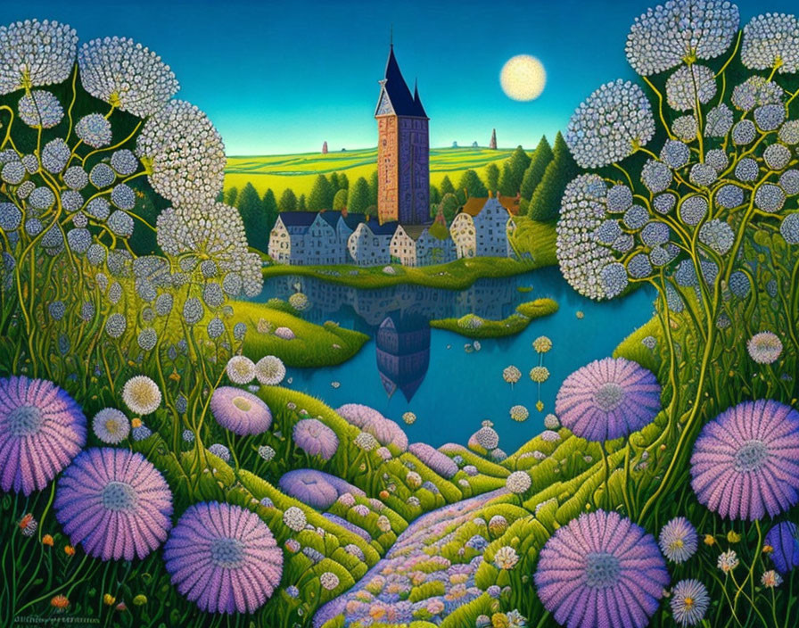Fantastical landscape painting with oversized dandelions and reflective lake