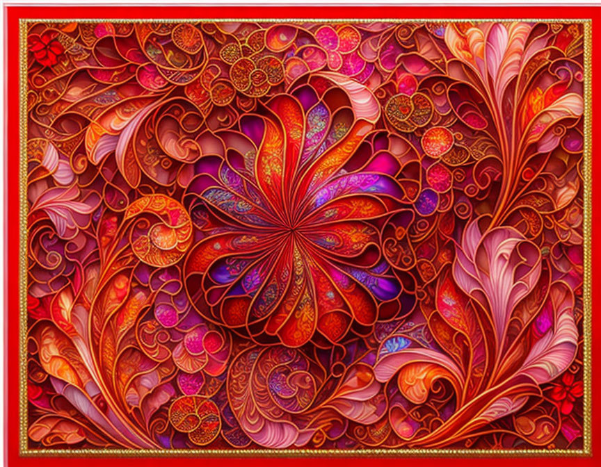 Colorful Abstract Artwork with Floral Motif in Red, Orange, Purple
