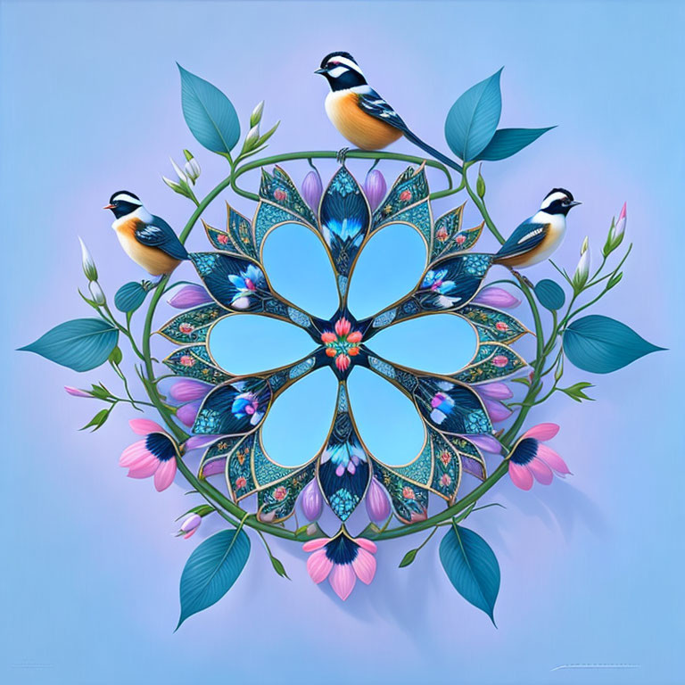 Birds perched on circular frame with blue and pink flowers on green background